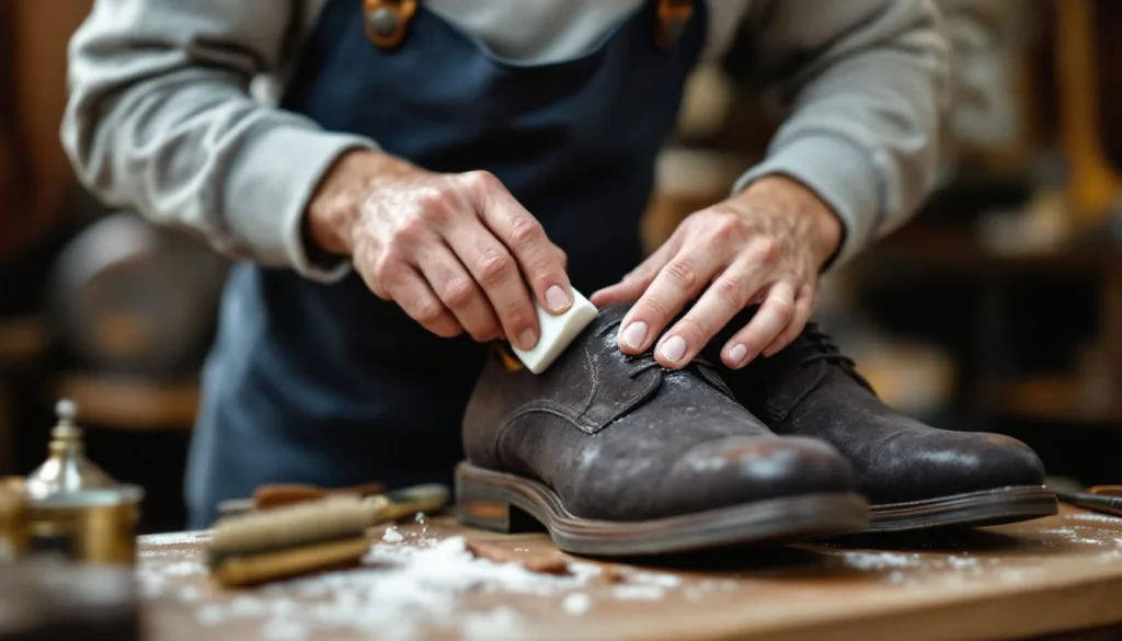 ein schuhexperte erklärt, wie ein einfacher radiergummi ihre wildlederschuhe effektiv reinigt und wieder wie neu aussehen lässt.