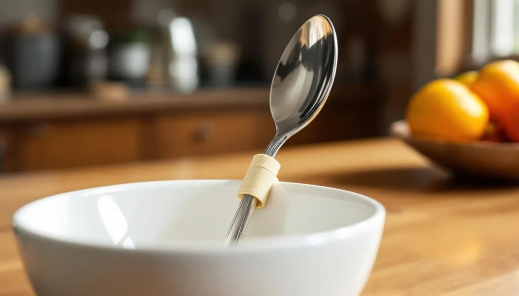 entdecken sie diesen einfachen trick mit einem gummiband, mit dem ihr löffel nie wieder herunterrutscht. praktisch und genial für den alltag!